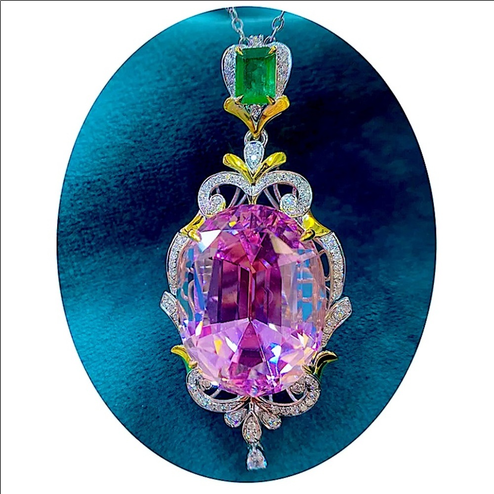 Sterling Silver Pink Morganite Emerald Green Zircon Charm Pendant Necklace - Picture 4 of 6